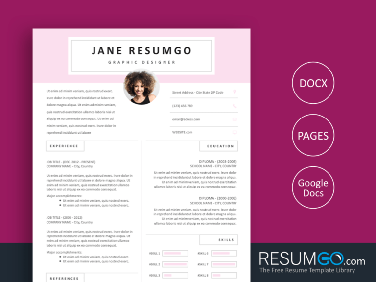 SOTIRIA - Free Pink Resume Template with Nice Header - ResumGO