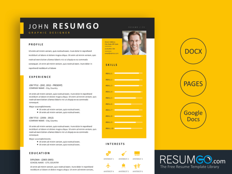 ZOTIKOS - Free Modern Yellow Resume Template with Black Elements - ResumGO