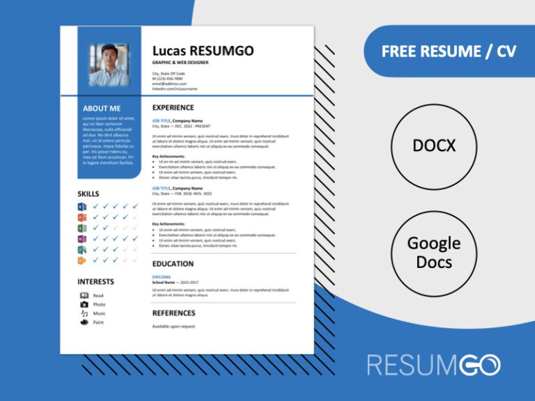 Featured preview of Blue Bayview resume template in Word & Google Docs, showing clean two-column layout with vertical banner design.