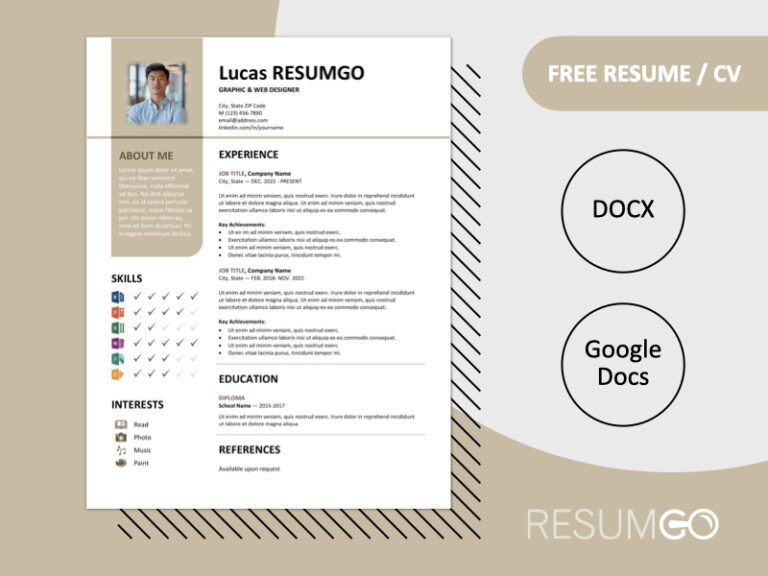 Featured preview of Brown Bayview resume template in Word & Google Docs, showing clean two-column layout with vertical banner design.