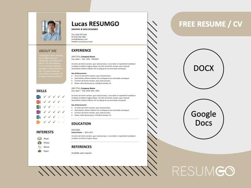 Featured preview of Brown Bayview resume template in Word & PowerPoint, showing clean two-column layout with vertical banner design.