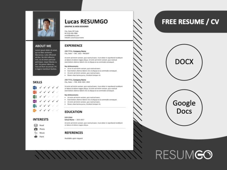 Featured preview of Gray Bayview resume template in Word & Google Docs, showing clean two-column layout with vertical banner design.