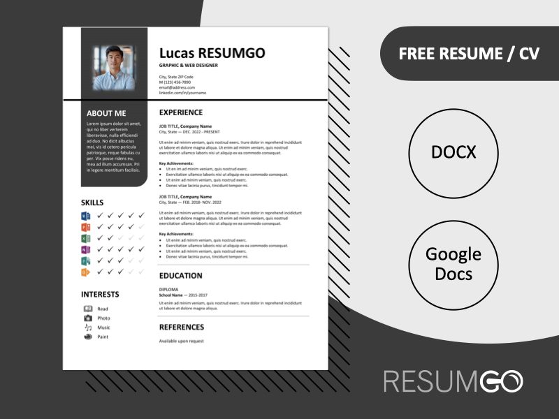 Featured preview of Gray Bayview resume template in Word & Google Docs, showing clean two-column layout with vertical banner design.