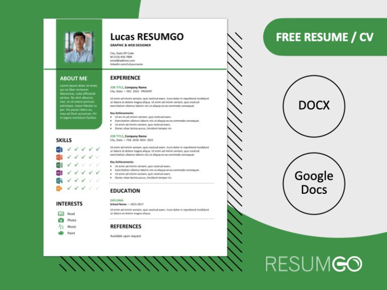 Featured preview of Green Bayview resume template in Word & Google Docs, showing clean two-column layout with vertical banner design.
