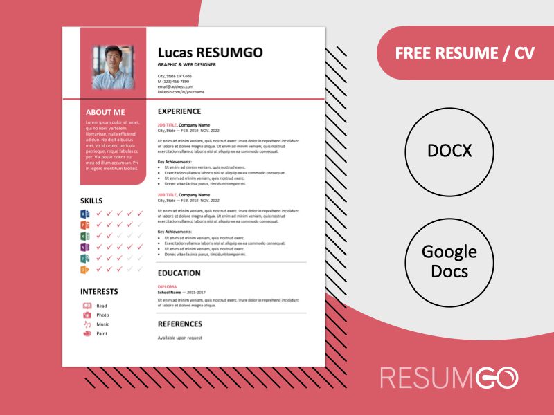 Featured preview of Pink Bayview resume template in Word & Google Docs, showing clean two-column layout with vertical banner design.
