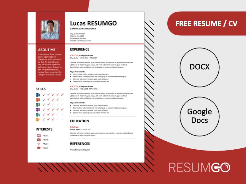 Featured preview of Red Bayview resume template in Word & Google Docs, showing clean two-column layout with vertical banner design.