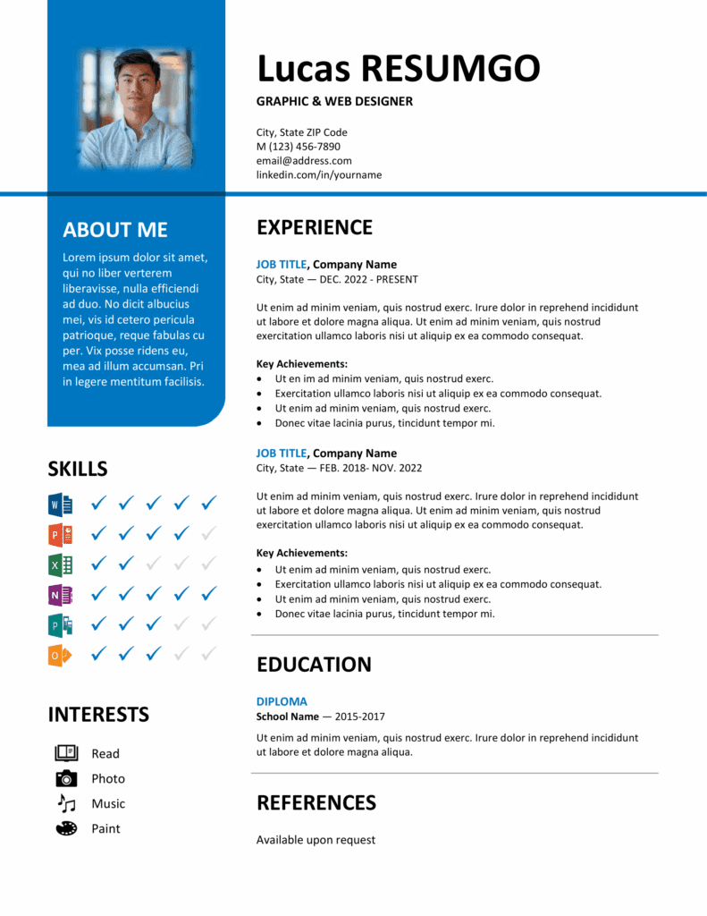 Blue version of Bayview resume template with two-column layout and vertical banner, editable in Word & PowerPoint.