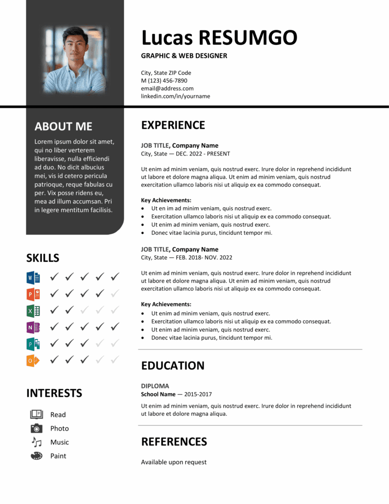 Gray version of Bayview resume template with two-column layout and vertical banner, editable in Word & PowerPoint.