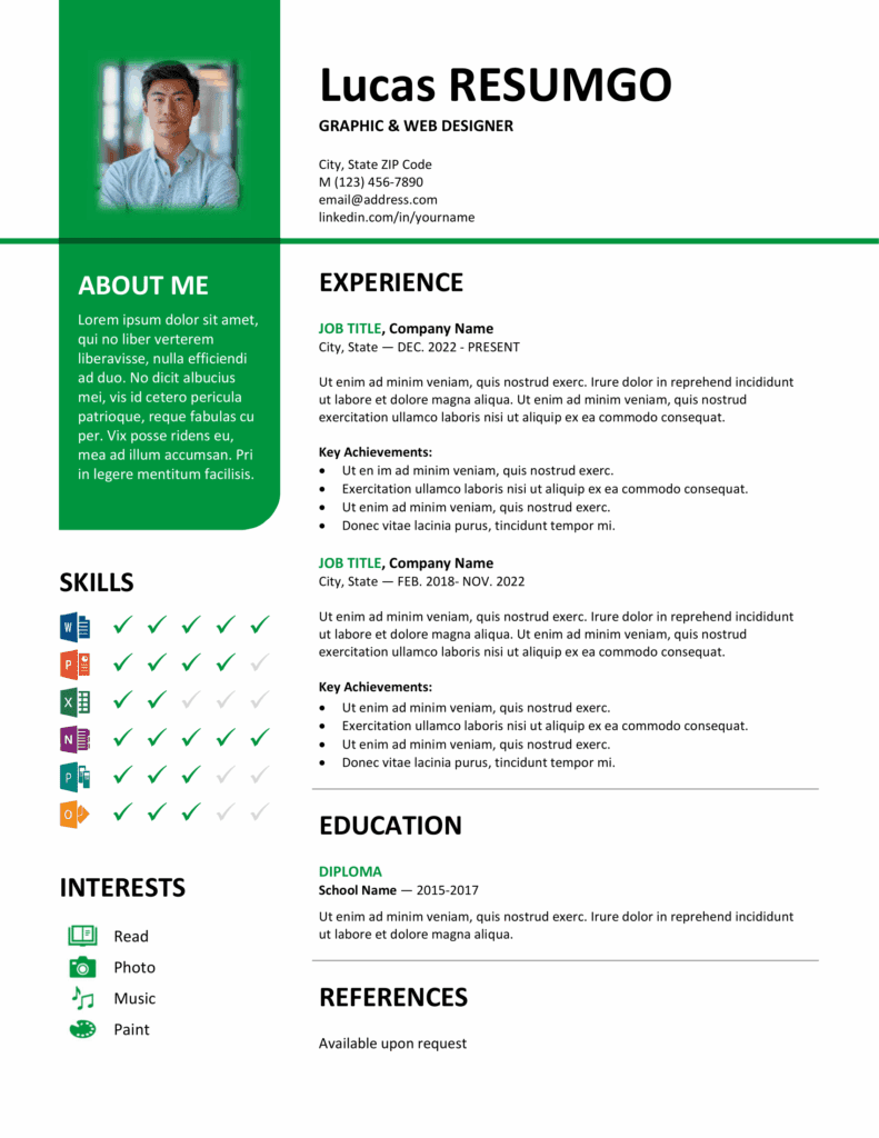 Green version of Bayview resume template with two-column layout and vertical banner, editable in Word & PowerPoint.