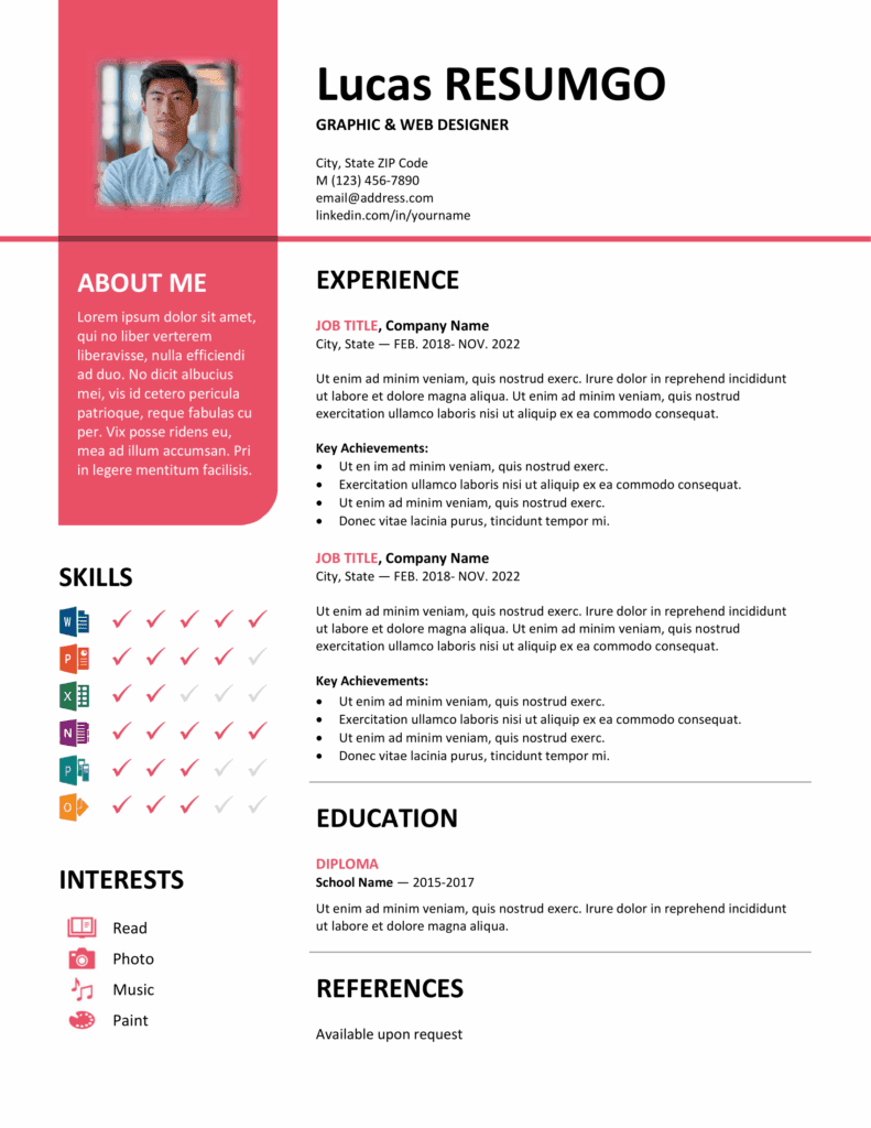 Pink version of Bayview resume template with two-column layout and vertical banner, editable in Word & PowerPoint.
