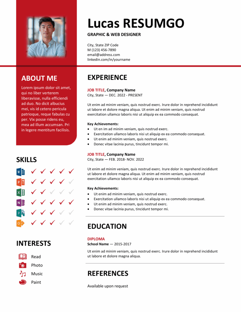 Red version of Bayview resume template with two-column layout and vertical banner, editable in Word & PowerPoint.