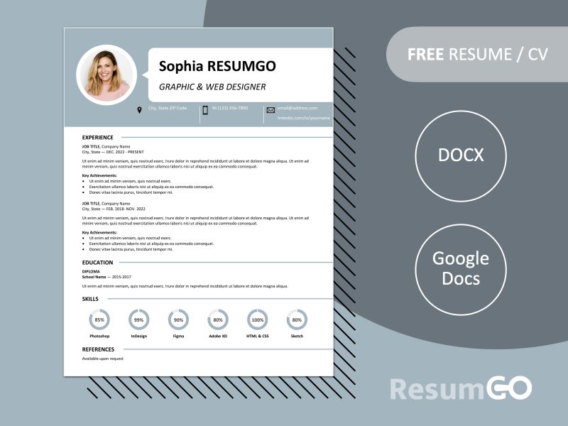 Free Centrum Resume Template with blue banner header, speech bubble, and skill charts. Editable in Word & Google Docs formats.