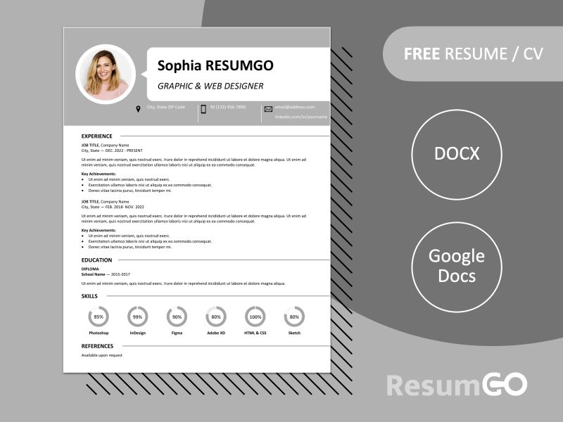 Free Centrum Resume Template with gray banner header, speech bubble, and skill charts. Editable in Word & Google Docs formats.