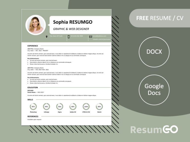 Free Centrum Resume Template with green banner header, speech bubble, and skill charts. Editable in Word & Google Docs formats.