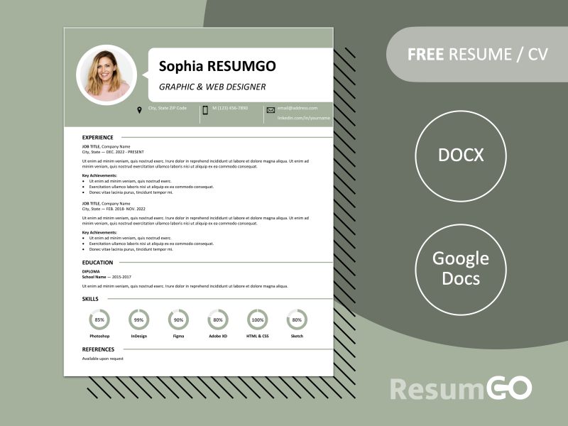 Free Centrum Resume Template with green banner header, speech bubble, and skill charts. Editable in Word & Google Docs formats.