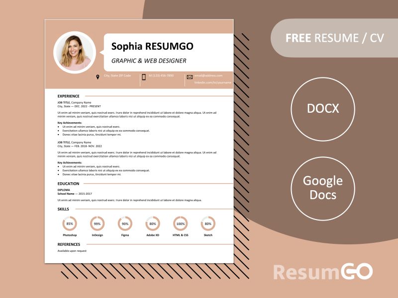 Free Centrum Resume Template with orange banner header, speech bubble, and skill charts. Editable in Word & Google Docs formats.