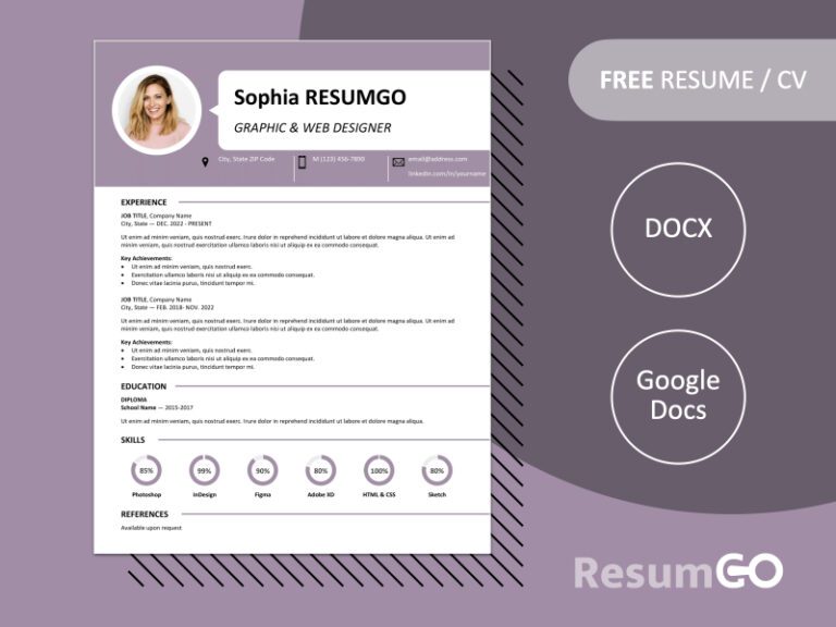 Free Centrum Resume Template with purple banner header, speech bubble, and skill charts. Editable in Word & Google Docs formats.