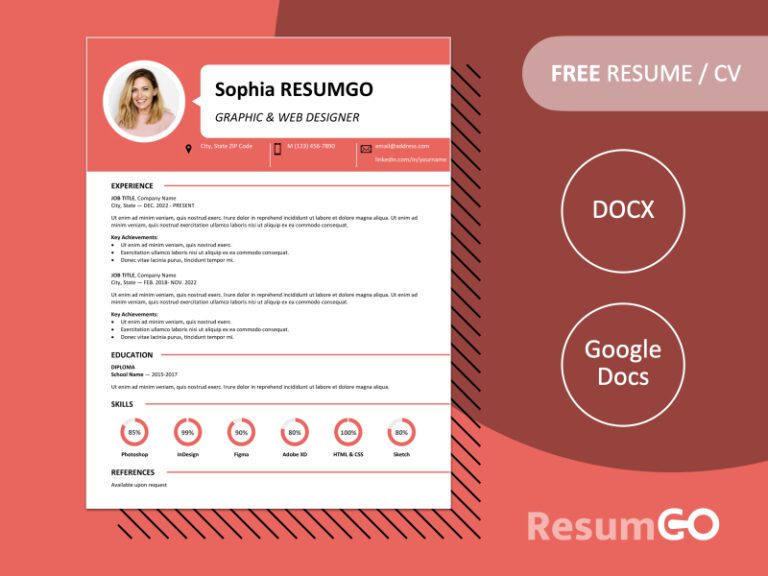 Free Centrum Resume Template with red banner header, speech bubble, and skill charts. Editable in Word & Google Docs formats.