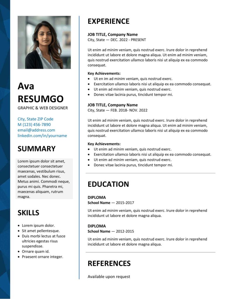 Blue version of Dalston resume template featuring a clean two-column design with a left border, editable in Word & Google Docs.