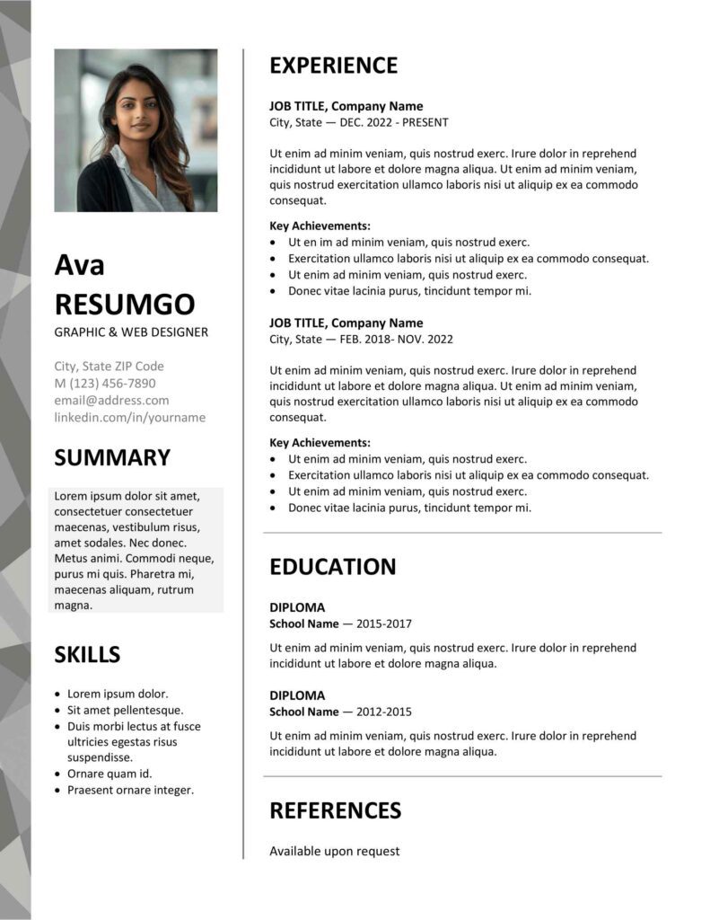 Gray version of Dalston resume template featuring a clean two-column design with a left border, editable in Word & Google Docs.