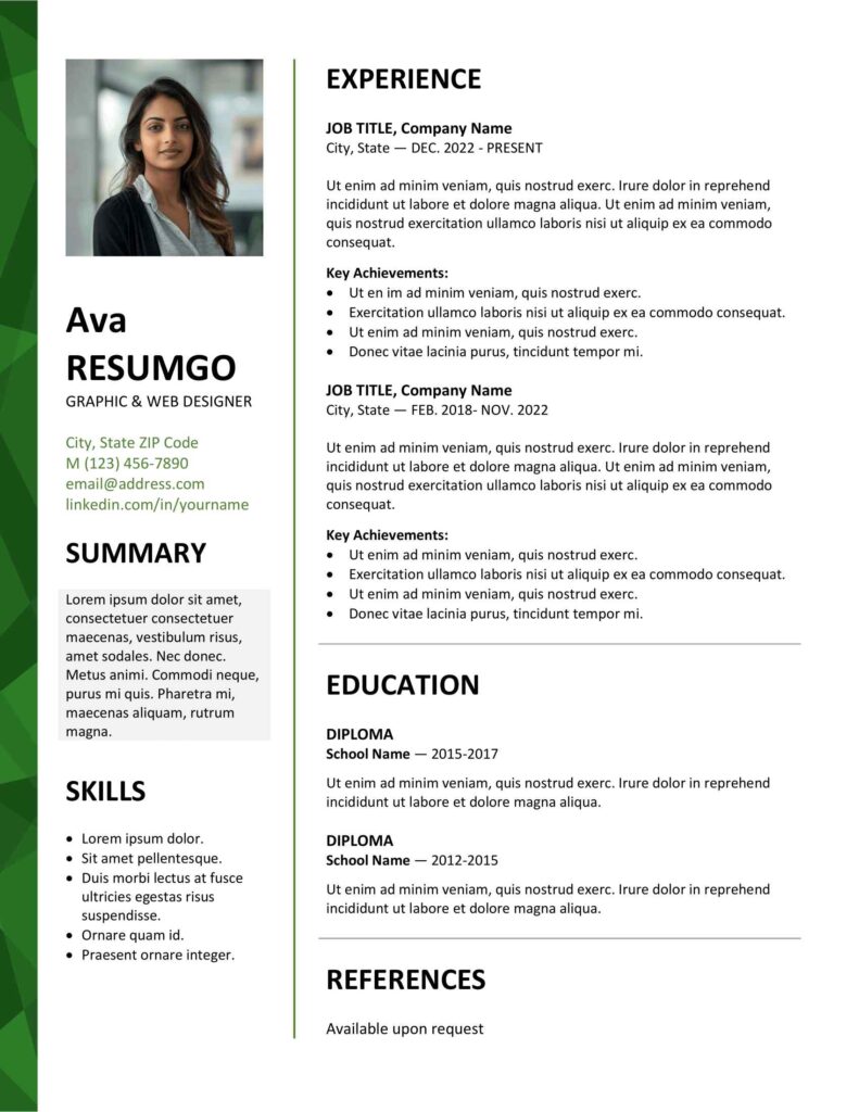 Green version of Dalston resume template featuring a clean two-column design with a left border, editable in Word & Google Docs.