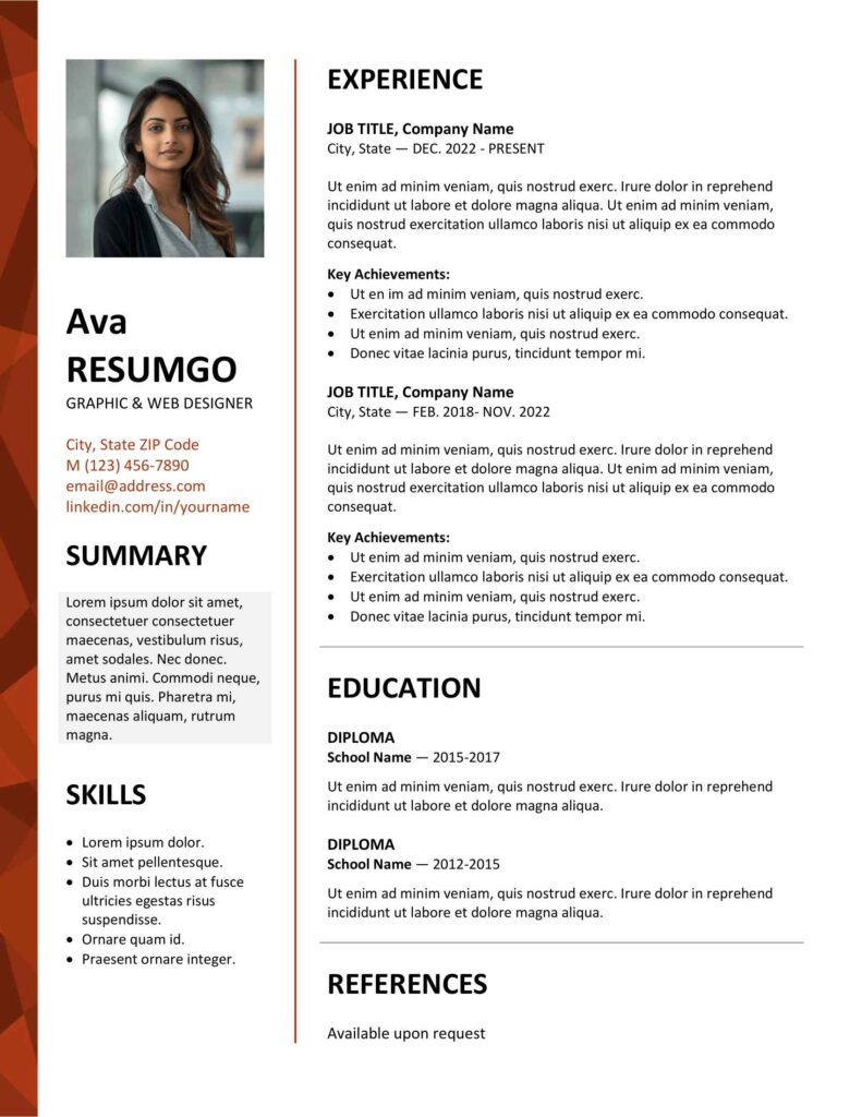Red version of Dalston resume template featuring a clean two-column design with a left border, editable in Word & Google Docs.