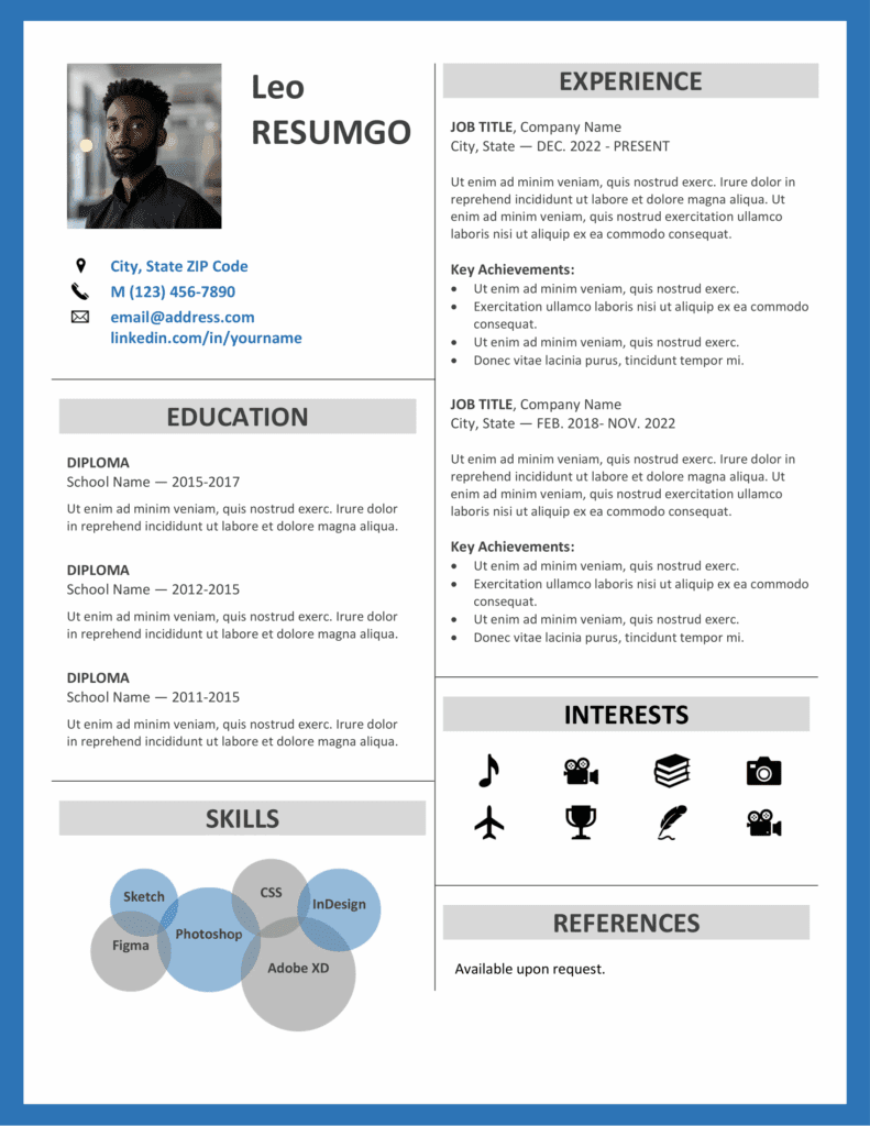 Fitzroy resume template in blue border style, professional two-column layout, editable in Word.