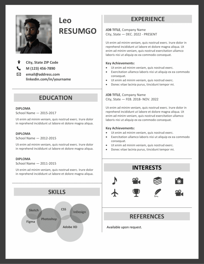 Fitzroy resume template in gray border style, professional two-column layout, editable in Word.
