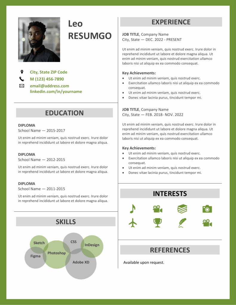 Fitzroy resume template in green border style, professional two-column layout, editable in Word.