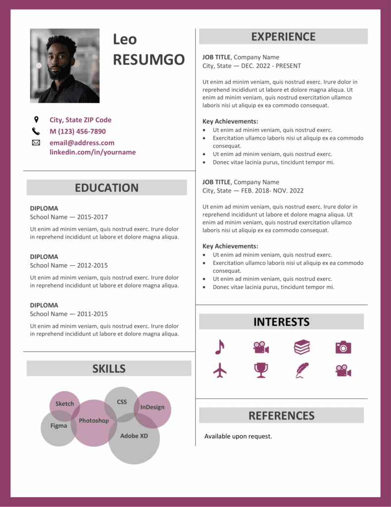 Fitzroy resume template in purple border style, professional two-column layout, editable in Word.