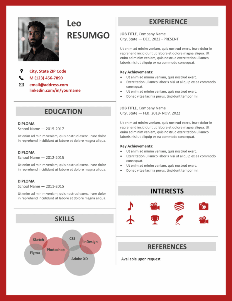 Fitzroy resume template in red border style, professional two-column layout, editable in Word.