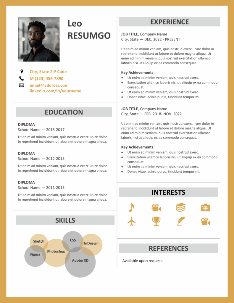 Fitzroy resume template in yellow border style, professional two-column layout, editable in Word.