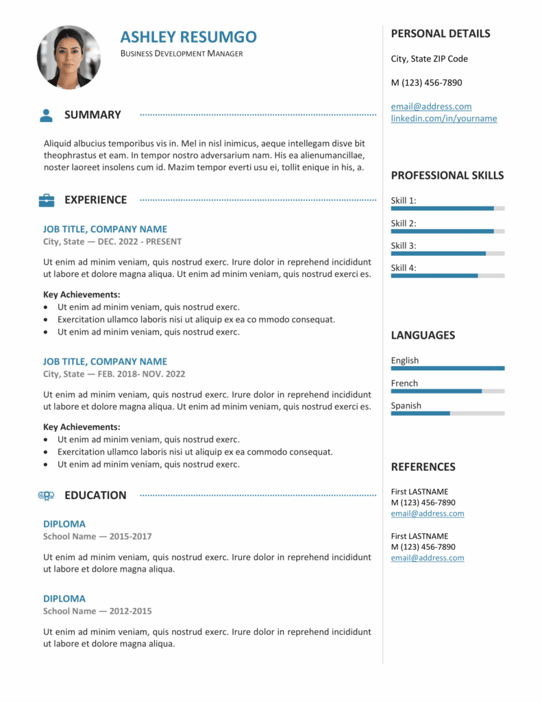 Blue version of the Gastown2 professional resume template with two-column layout, editable in Word & Google Docs.