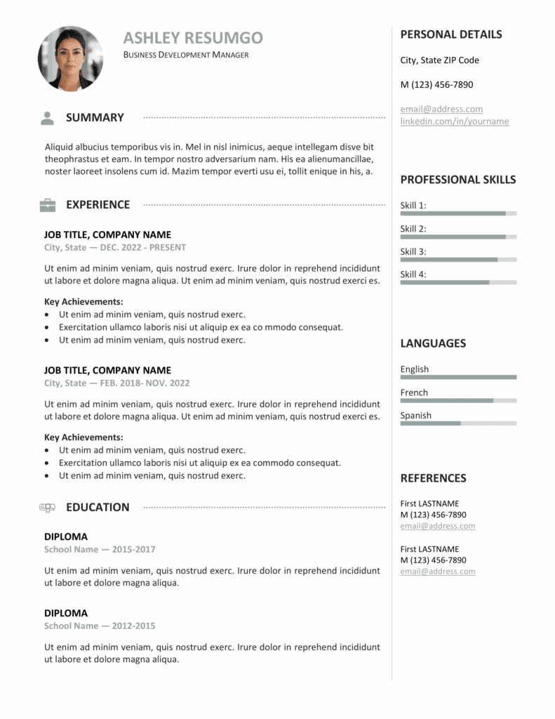 Gray version of the Gastown2 professional resume template with two-column layout, editable in Word & Google Docs.