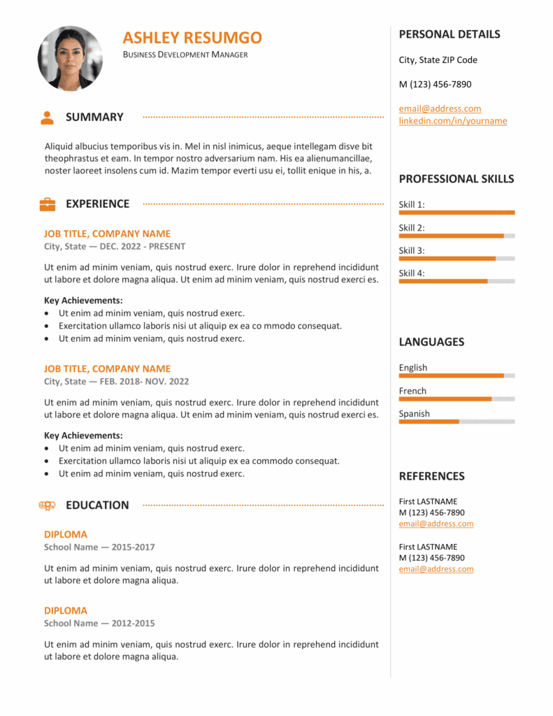 Red version of the Gastown2 professional resume template with two-column layout, editable in Word & Google Docs.