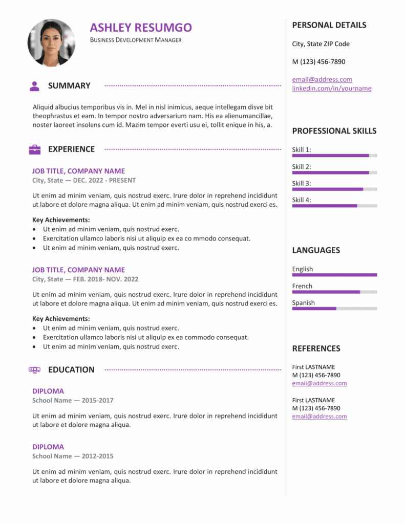 Purple version of the Gastown2 professional resume template with two-column layout, editable in Word & Google Docs.