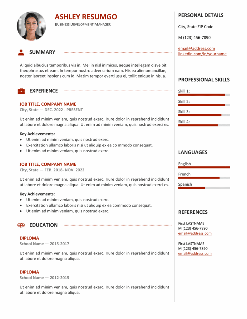 Red version of the Gastown2 professional resume template with two-column layout, editable in Word & Google Docs.