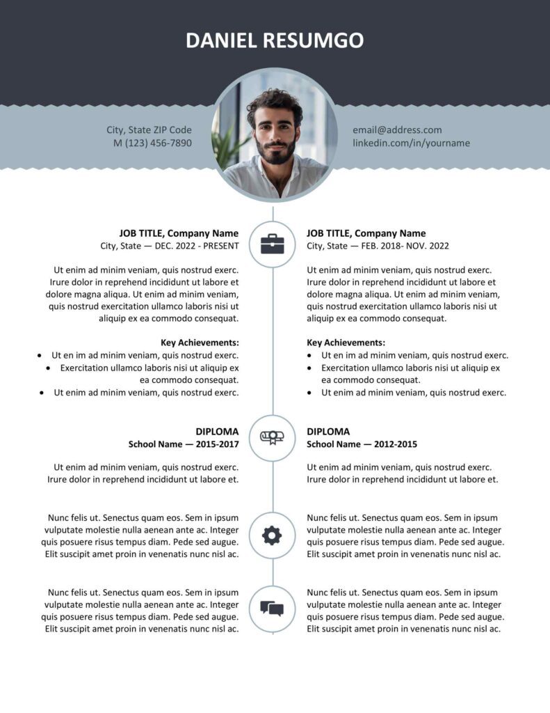 Blue version of the Esquilino resume template with modern top banner, editable in Word and Google Docs.