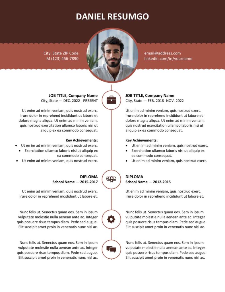 Brown version of the Esquilino resume template with modern top banner, editable in Word and Google Docs.