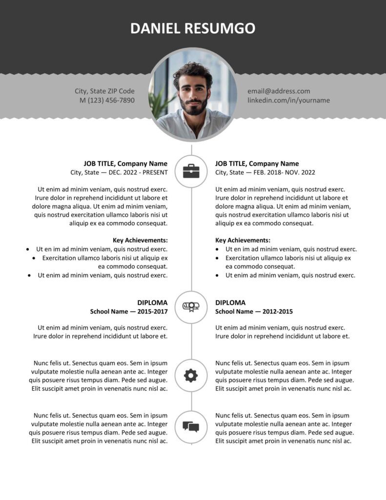 Gray version of the Esquilino resume template with modern top banner, editable in Word and Google Docs.