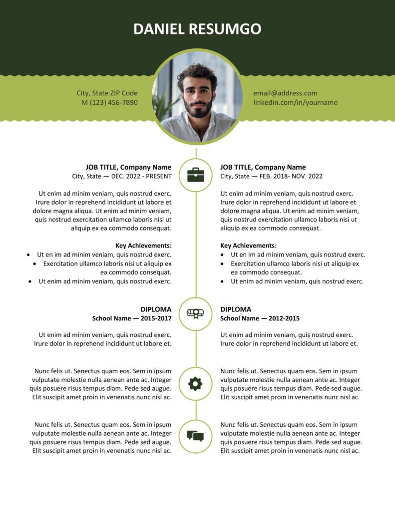 Green version of the Esquilino resume template with modern top banner, editable in Word and Google Docs.