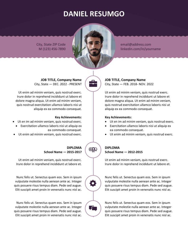 Purple version of the Esquilino resume template with modern top banner, editable in Word and Google Docs.
