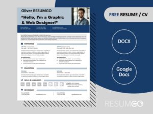 Free Astoria resume template with 2-column layout and blue bold colored banner, available in Word & PowerPoint formats.