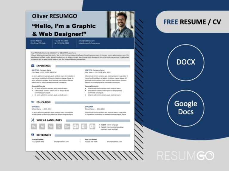 Free Astoria resume template with 2-column layout and blue bold colored banner, available in Word & Google Docs formats.