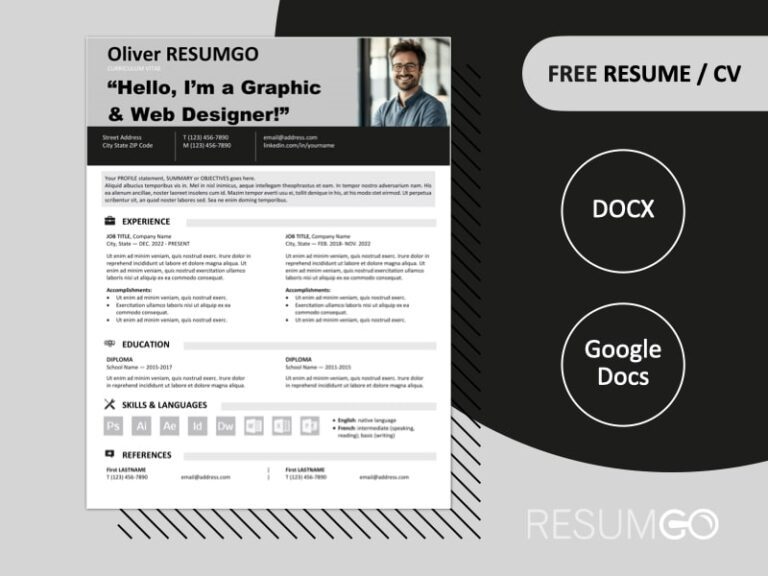 Free Astoria resume template with 2-column layout and gray bold colored banner, available in Word & Google Docs formats.
