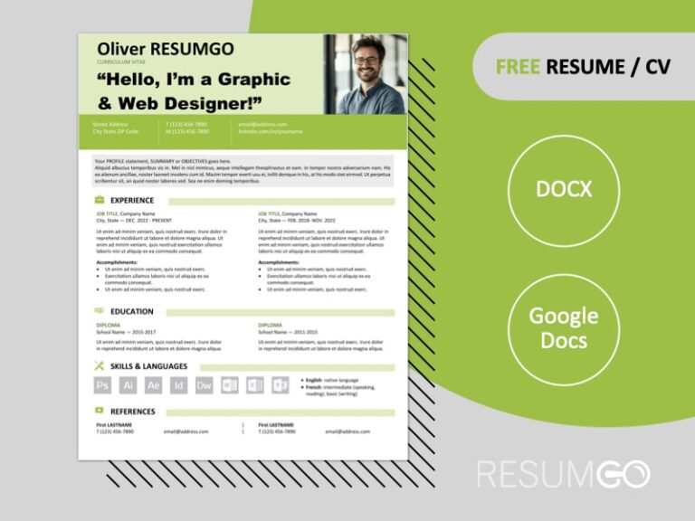 Free Astoria resume template with 2-column layout and green bold colored banner, available in Word & Google Docs formats.