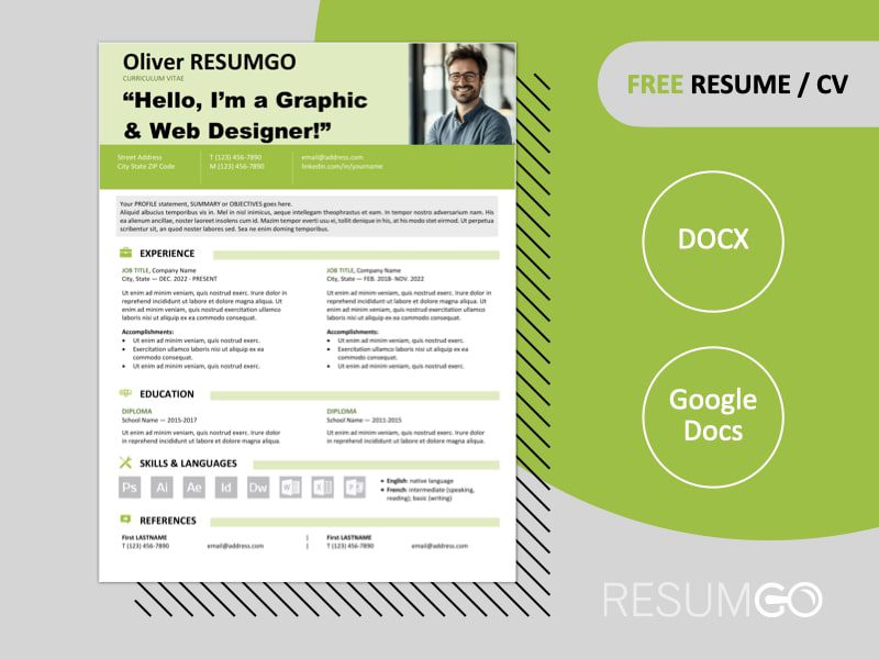 Free Astoria resume template with 2-column layout and green bold colored banner, available in Word & PowerPoint formats.
