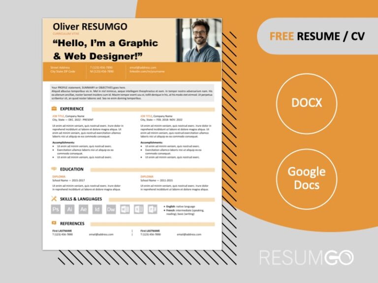 Free Astoria resume template with 2-column layout and orange bold colored banner, available in Word & Google Docs formats.