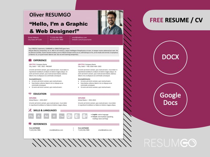 Free Astoria resume template with 2-column layout and purple bold colored banner, available in Word & Google Docs formats.