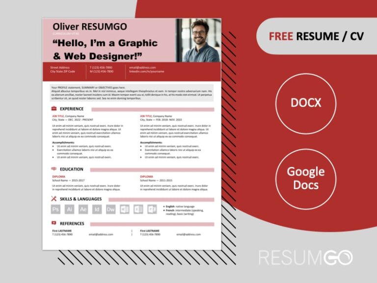 Free Astoria resume template with 2-column layout and red bold colored banner, available in Word & Google Docs formats.
